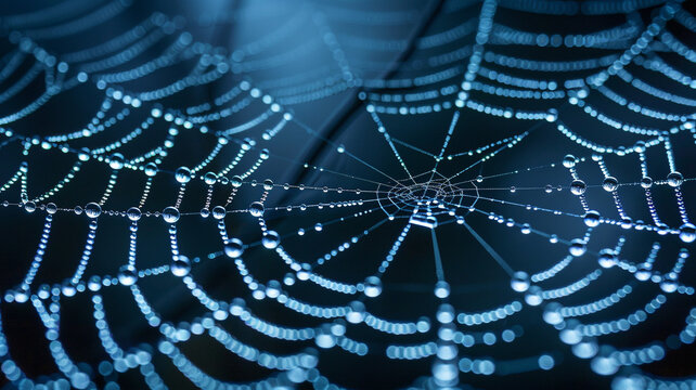 A high-definition image of a digital spider web, symbolizing the internet and global connectivity, with dew-like data nodes at the junctions.