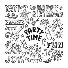 Hand drawn party time doodle set with quotes Happy birthday, Fun, Enjoy, Yay and fireworks, confetti