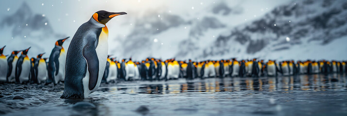 colony of emperor penguins in winter on snow. Landscape panorama of nature - obrazy, fototapety, plakaty