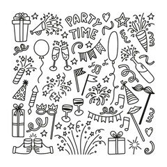Hand drawn party time doodle set with fireworks, confetti, gifts, glasses, balloons