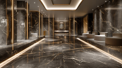 A luxury spa interior where the floors and walls are clad in dark gray marble with subtle gold and white veining.
