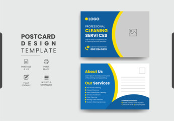 Professional cleaning services postcard template design, creative modern cleaning services agency postcard. - obrazy, fototapety, plakaty