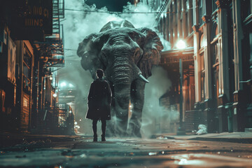 A person stands in front of a huge elephant in a city street