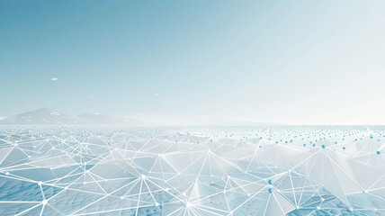 A minimalist abstract panorama with icy blue dots linked by pure white triangles, giving off a frozen, crystalline vibe against a clear winter sky. 