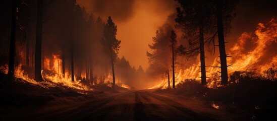 A raging fire is rapidly spreading through a dense forest filled with trees, consuming everything in its path. The flames are intense and destructive, leaving a trail of devastation behind. - obrazy, fototapety, plakaty