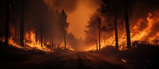 A raging fire is rapidly spreading through a dense forest filled with trees, consuming everything in its path. The flames are intense and destructive, leaving a trail of devastation behind.