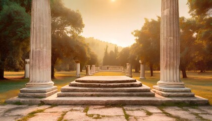 ancient greece old stone podium in a park background with antique columns - obrazy, fototapety, plakaty