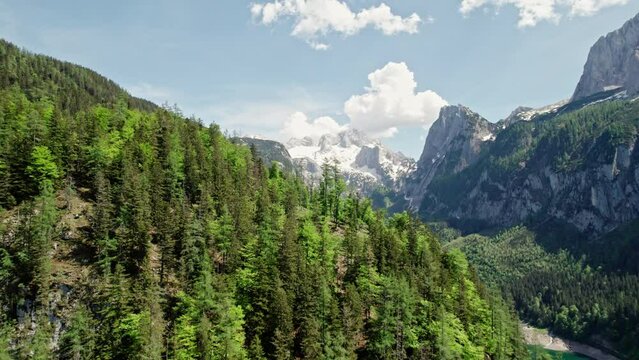 Drone footage over mountain lake Gosausee Austria