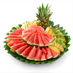Tropical fruit platter with sliced watermelon and pineapple isolated on white background, detailed, png
