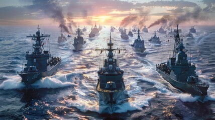 naval strength with a multitude of ships, showcasing the might of armed naval forces in an ultra-realistic depiction teeming with vibrant colors. - obrazy, fototapety, plakaty