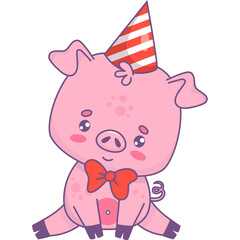 Obraz na płótnie Canvas Cute pig wearing bowtie and birthday cap