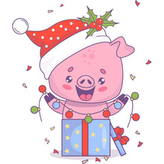 Christmas pig in Santa hat in gift box with festive garland