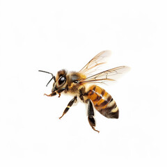 Closeup Photo Of A Bee With Yellow And Black Stripes, Wings Flapping, Bee Flying On A White Background, Side View