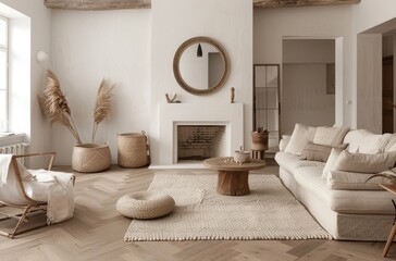 A living room with white walls, light wood herringbone flooring, and an open fireplace in the background
