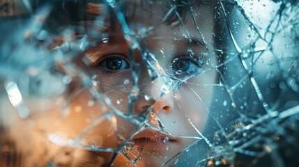 The broken reflection of a child seen through shattered glass, capturing the nuanced layers of innocence shattered and the intricate process of healing