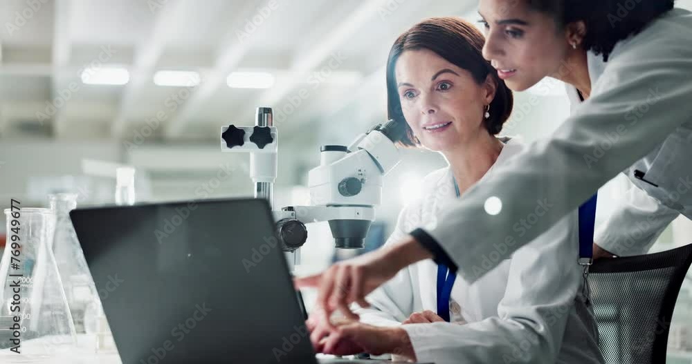 Poster women, partner and scientist in laboratory with laptop, microscope and check results with ideas for 