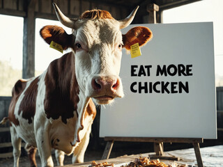 funny portrait of a cow next to white borad with text eat more chicken, generative AI
