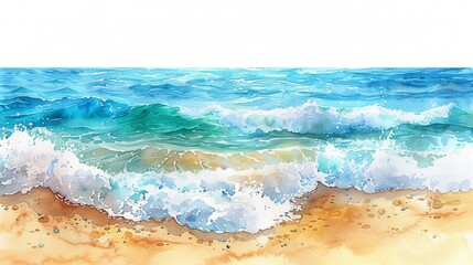 Cartoon sea with playful waves, watercolor illustration, beach scene clipart, isolated on white, cheerful coast