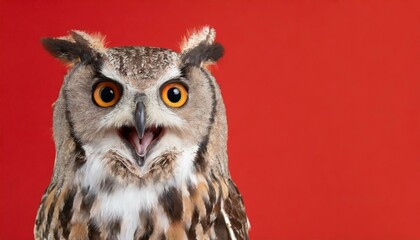 surprised owl, isolated on red background with copy space  - obrazy, fototapety, plakaty