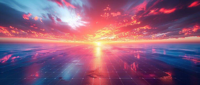 Abstract solar panels covering the ground against a stunning sunset sky. Ecology and energy concept.