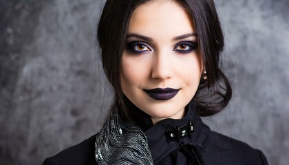  Portrait of beautiful young goth woman on dark grey background