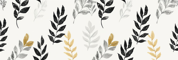 Elegant Seamless Botanical Pattern with Monochrome Leaves - obrazy, fototapety, plakaty