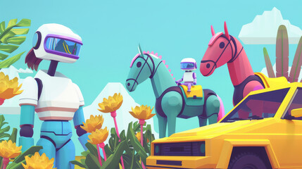 Colorful Digital Art of Robots with Horses and a Classic Car
