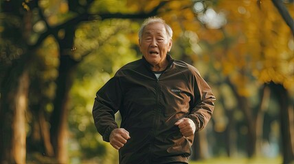 a senior man in a close-up shot, running happily amidst the serene beauty of a park.