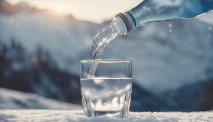 Bottle and glass of pouring crystal water against blurred nature snow mountain landscape background