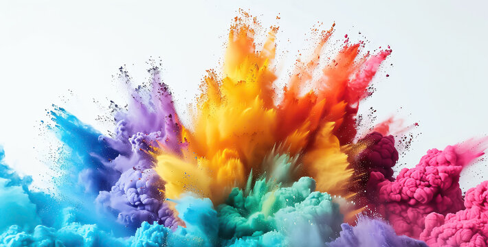 Lively display, multicolored explosion of holi powder paint on white, emphasizes festive color play and cultural significance of holi celebrations