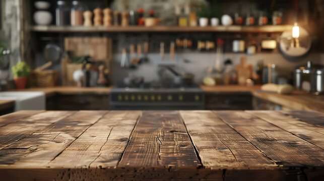 A meticulously designed photo setup with a wooden tabletop and blurred kitchen background, perfect for showcasing products