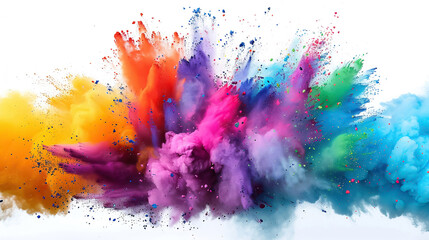 Vibrant explosion of rainbow holi powder paint on pristine white background captures joyful essence of colors in motion, creating visually stunning celebration of hues and festivities - obrazy, fototapety, plakaty