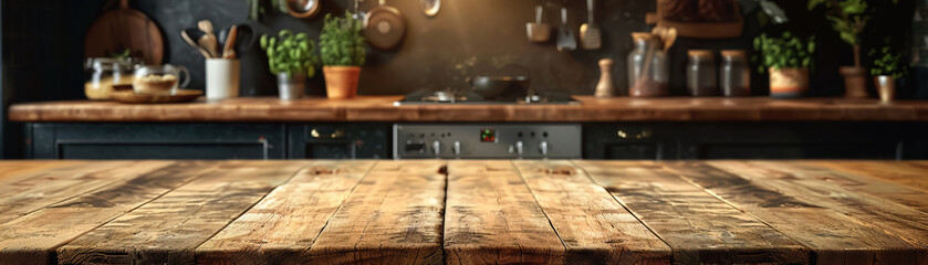 wooden tabletop against kitchen backdrop, perfect for product photography. Ideal for showcasing natural charm of culinary and kitchenware products in commercial - obrazy, fototapety, plakaty
