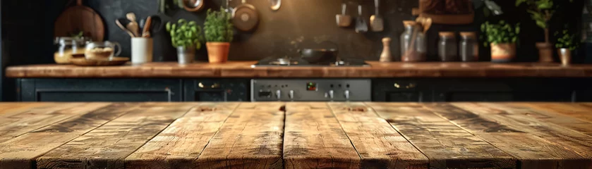Foto op Plexiglas wooden tabletop against kitchen backdrop, perfect for product photography. Ideal for showcasing natural charm of culinary and kitchenware products in commercial © DJSPIDA FOTO