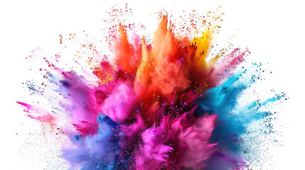 Vibrant explosion of rainbow holi powder paint on pristine white background captures joyful essence of colors in motion, creating visually stunning celebration of hues and festivities - obrazy, fototapety, plakaty