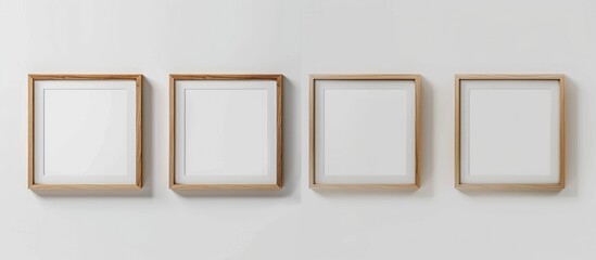 Four square frames with mats, displayed on a white wall. Wooden frame design with a modern, minimalist look for showcasing text or products in an indoor setting.
