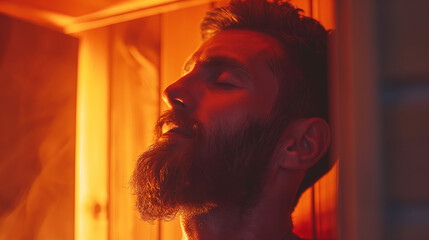Bearded man relaxing on wooden bench in infrared sauna. Spa treatment - 769951076