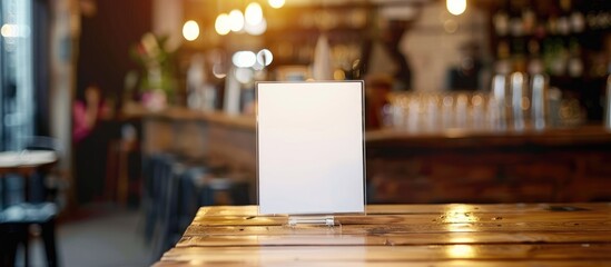 Label the empty menu holder at the bar restaurant with white paper inserts and tent card made of acrylic on a wooden table. Background of a blurred cafeteria allows for adding customer text.