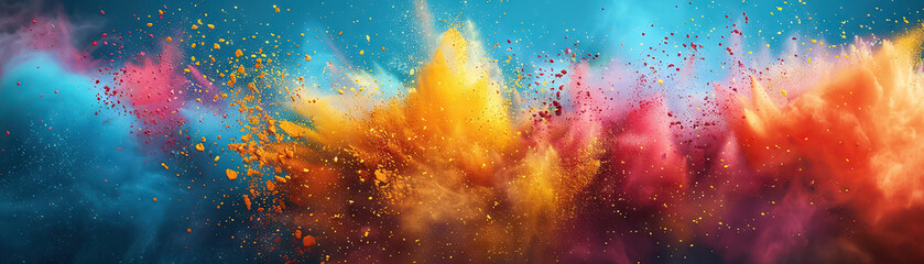 Isolated explosion of multicolored holi powder captures festive joy, cultural vibrancy, essence of celebration, spontaneous burst of colors in traditional festival - obrazy, fototapety, plakaty