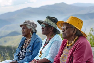 Fotobehang three senior black women sitting on a mountainside, back view of old ladies relaxing in the fresh air, family values concept © Анастасия Гайкова