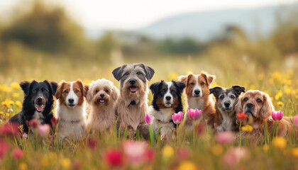 Group of various dogs posing on sunny meadow. Generative AI