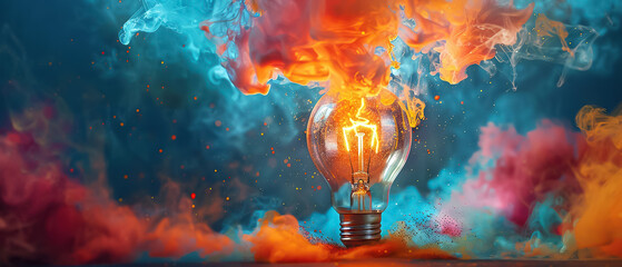 Visualizing a eureka moment: lightbulb surrounded by dynamic paint explosion. Embodies flash of inspiration, colorful path of creative, innovative thought in artistic, intellectual endeavors - obrazy, fototapety, plakaty