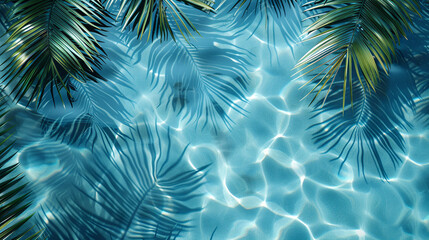 Photo of palm leaves from above, which cast a shadow on the clean and transparent sea water. Summer background