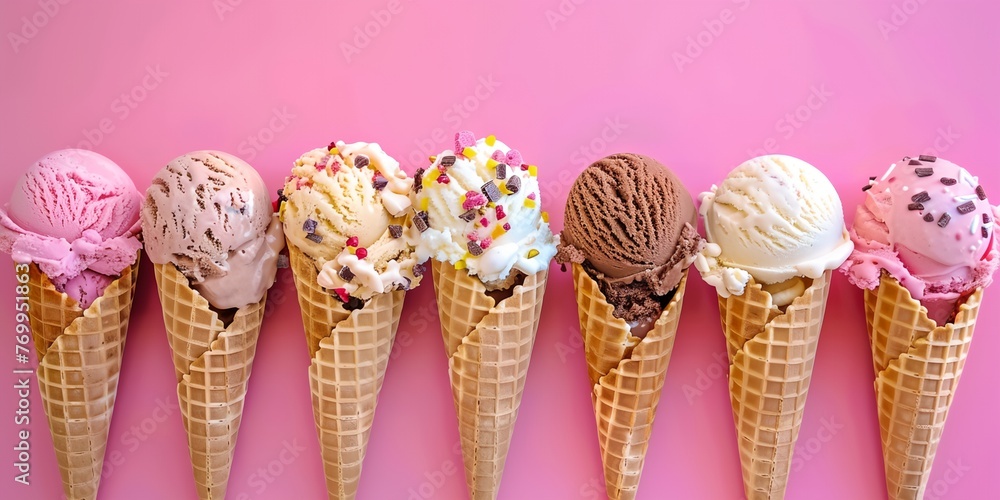 Poster a row of ice cream cones with different flavors. the cones are lined up in a row, with some of them 