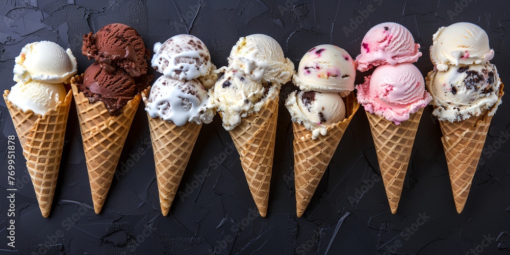 Poster a row of ice cream cones with different flavors. the cones are lined up in a row, with some of them 