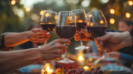 Happy friends toasting glasses of red wine at summer party - 769951866