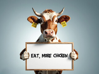 funny portrait of a cow holding white borad with text eat more chicken, generative AI