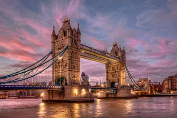 Fototapeta na wymiar Tower Bridge in London, the UK. Tower Bridge Sunset dusk.