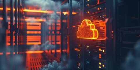 render of cloud computing with glowing orange color on dark background in a modern server room interior Cloud technology concept Generative AI - obrazy, fototapety, plakaty