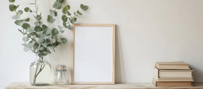 White wooden frame mockup including green eucalyptus branches in a glass bottle and a stack of books on the table. Designed for posters and product display,